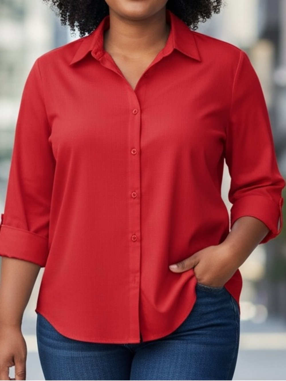 Dressbarn Crimson Red Button Up V-Neck 3/4 Sleeves, Stretch, Always Looks Crisp